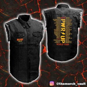 AC/DC PWR UP World Tour 2024-2025 Exclusive Limited Collection With Tour Destinations Print On Back Sleeveless Denim Jacket Shirt