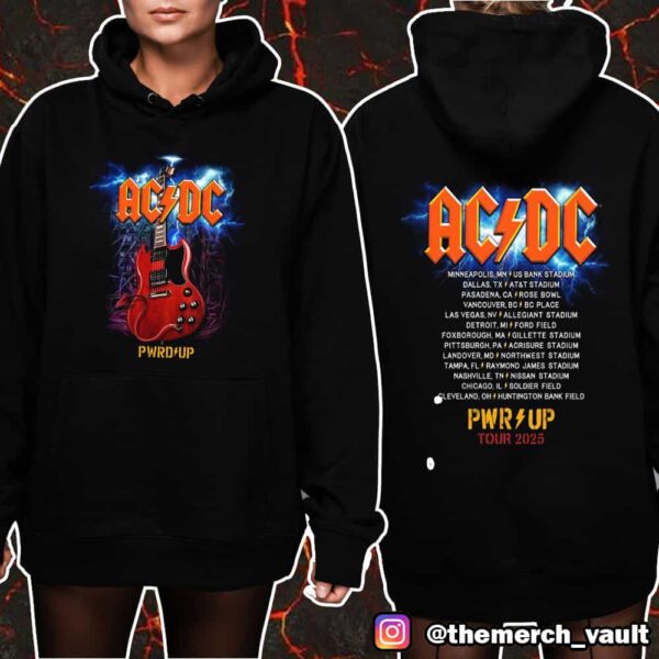 AC/DC PWRD UP North America Tour 2025 Angus Gibson Guitar With Tour Cities Print On Back Unisex T-Shirt Merchandise