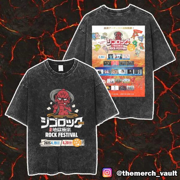 Jigorock 2025 Festival At Oita Japan Hell Gokuraku Rock Fest 19-20 April 2025 With Lineup Poster Print On Back Unisex Washed T-Shirt