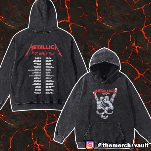 Metallica M72 World Tour 2025 Skull Logo Heavy Metal Hand Sign With Tour Dates Print On Back Unisex Washed T-Shirt