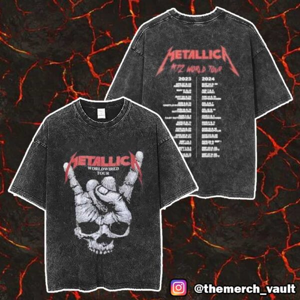 Metallica M72 World Tour 2025 Skull Logo Heavy Metal Hand Sign With Tour Dates Print On Back Unisex Washed T-Shirt