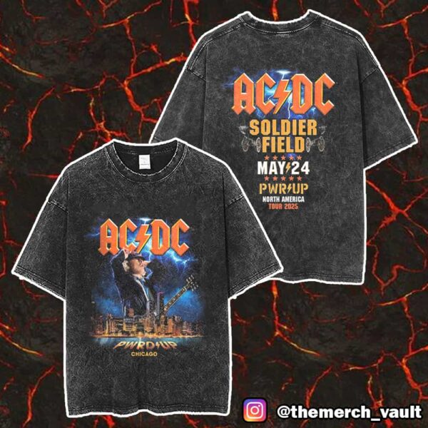 AC/DC PWRD UP North America Tour 2025 Chicago May 24 2025 At Soldier Field Show Dates Tee Merch Angus Young Artwork Merch Unisex Two Sided Washed T-Shirt