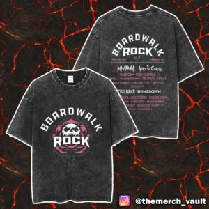Boardwalk Rock Festival May 17-18 2025 At Ocean City MD Skull And Rose Artwork With Line Up Print On Back Merch Unisex Two Sided Washed T-Shirt