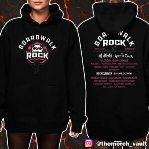 Boardwalk Rock Festival May 17-18 2025 At Ocean City MD Skull And Rose Artwork With Line Up Print On Back Unisex T-Shirt, Hoodie