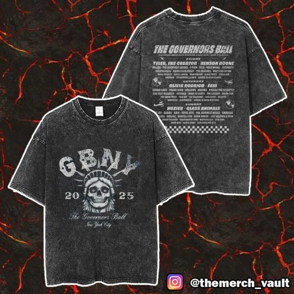 Governors Ball Music Festival 2025 GBNY Flushing Meadows Corona Park June 6-8 2025 Liberty Skull Lineup Exclusive Merch Unisex Two Sided Washed T-Shirt
