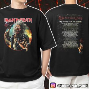 Iron Maiden Eddie And His Axe Artwork Run For Your Lives 2025 With Tour Dates Backprint Unisex T-Shirt Merchandise