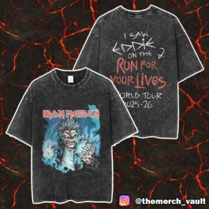 Iron Maiden I Saw Eddie On The Run For Your Lives World Tour 2025-26 (Younger Fans Would Ed-joy This Kid-sized But Hugely Cool With Size S) Merch Unisex Two Sided Washed T-Shirt