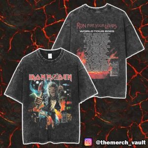 Iron Maiden Run For Your Lives 2025 World Tour Eddie Wants To Axe You A Question Artwork With Tour Dates Backprint Merch Unisex Two Sided Washed T-Shirt