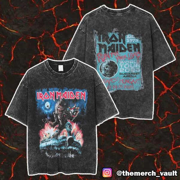 Iron Maiden Run For Your Lives Est 1975 World Tour 2025 Eddie In Budapest Arena Hungary 27-28 May 2025 Merch Unisex Two Sided Washed T-Shirt