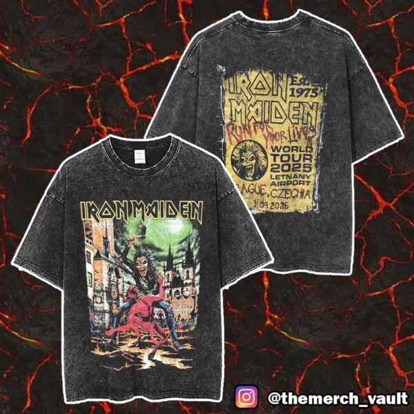 Iron Maiden Run For Your Lives Est 1975 World Tour 2025 Eddie In Prague Czechia Letnany Airport May 31 2025 Merch Unisex Two Sided Washed T-Shirt