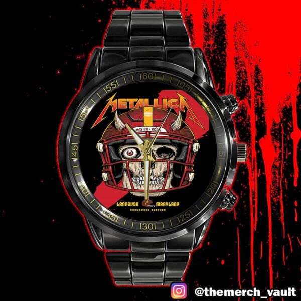Metallica M72 Landover North American Tour May 28 2025 At Northwest Stadium Maryland Skull NFL Washington Commanders Poster Artwork Pop Up Time Teller Black Stainless Steel Watch