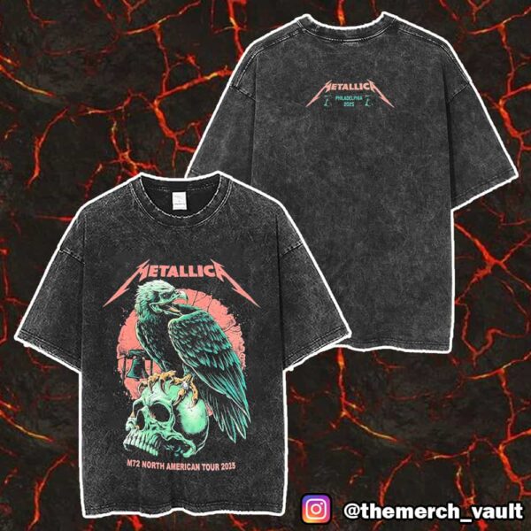 Metallica M72 Philly North American Tour 2025 Philadelphia Eagle Artwork By Brandon Heart 23-25 May 2025 At Lincoln Financial Field Pop Up Merch Unisex Two Sided Washed T-Shirt