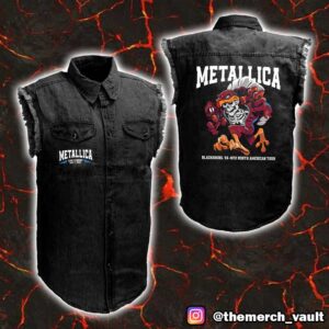 Metallica M72 Virginia Tech 2025 In Blacksburg VA Lane Stadium May 7 2025 Skeleton Mascot HokieBird Sleeveless Denim Jacket Shirt