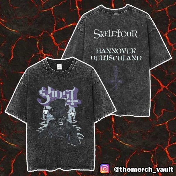 Official Ghost Band Merch Pop Up Store Exclusive Items Skeletour World Tour 15 May 2025 At ZAG Arena Hannover Deutschland Unisex Two Sided Washed T-Shirt