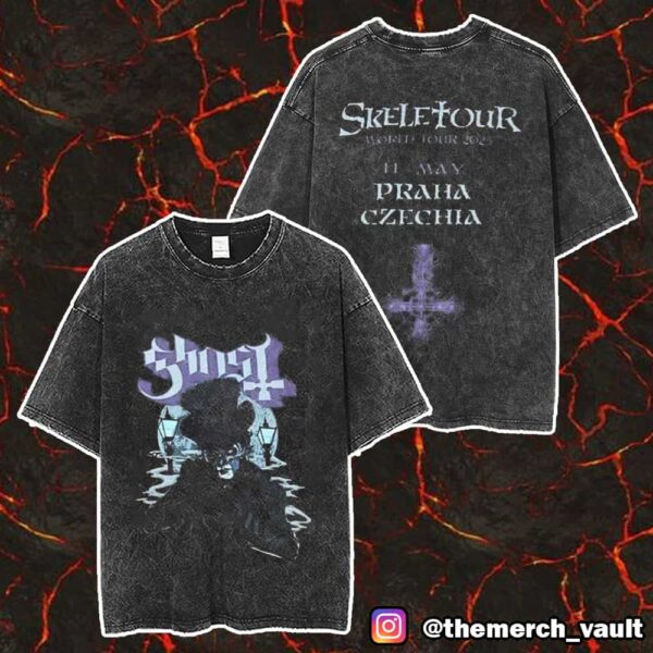 Official Ghost Band Merch Pop Up Store Exclusive Items Skeletour World Tour May 11 2025 At Praha Czechia Merch Unisex Two Sided Washed T-Shirt