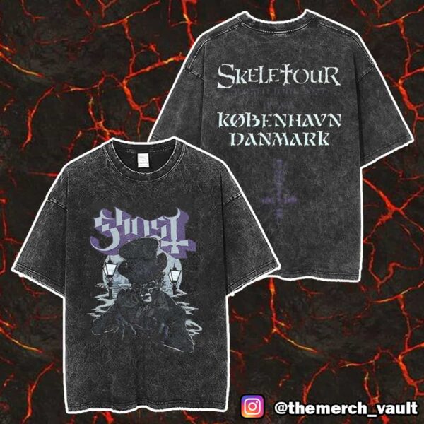 Official Ghost Band Merch Pop Up Store Exclusive Items Skeletour World Tour May 17 2025 At Royal Arena København Copenhagen Denmark Unisex Two Sided Washed T-Shirt