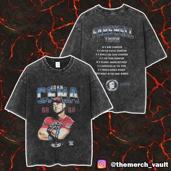 Official John Cena WWE 2000-2025 Farewell Tour All Titles Backprint Merch Unisex Two Sided Washed T-Shirt
