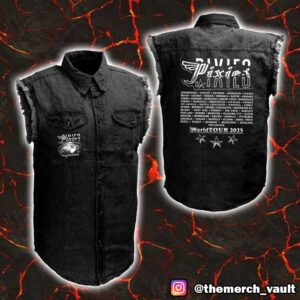 Official Pixies Bossa Monde World Tour 2025 With Tour Stops Print On Back Pop Up Merch May 16-17 London UK O2 Academy Brixton Sleeveless Denim Jacket Shirt