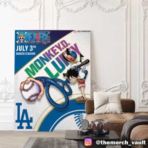 One Piece x Los Angeles Dodgers Poster Artwork By Eiichiro Oda Monkey D Luffy x MLB July 3rd 2025 At Dodger Stadium Toei Animation Poster Canvas Home Decor