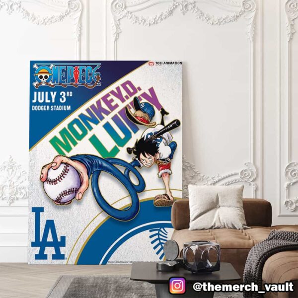 One Piece x Los Angeles Dodgers Poster Artwork By Eiichiro Oda Monkey D Luffy x MLB July 3rd 2025 At Dodger Stadium Toei Animation Poster Canvas Home Decor