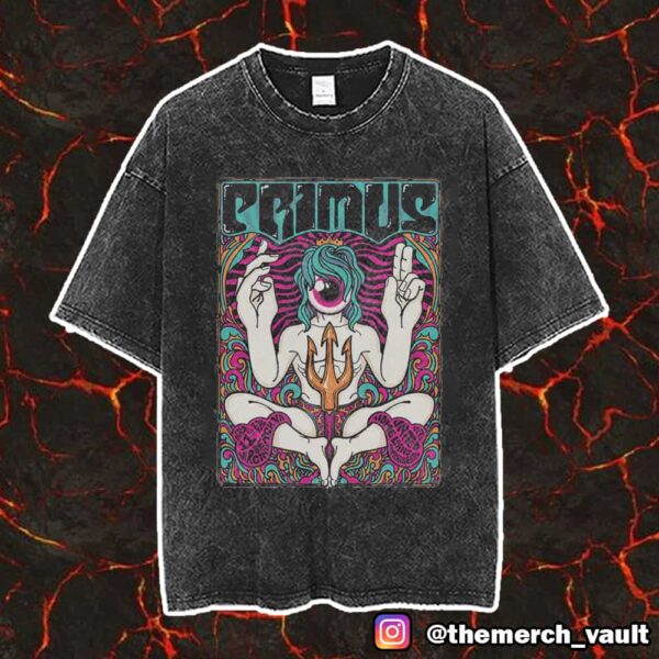 Primus Poster Event Design Artwork By Billy Delicious Design League Baumann May 11 2025 At Veterans United Home Loan Amphitheater Virginia Beach VA Unisex Vintage Washed T-Shirt