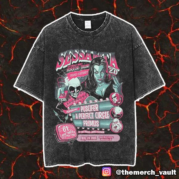 Sessanta V2.0 Saturday Night Horror-thon Triple Feature 61st Birthday Celebration For Maynard James Keenan May 24 2025 At Ruoff Music Center Noblesville Vintage Washed Unisex T-Shirt