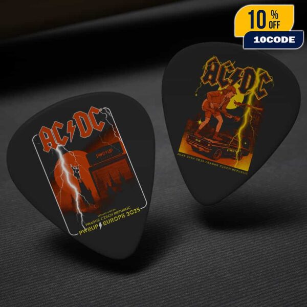 AC/DC PWR UP Europe Tour June 26th 2025 At Letnany Airport Prague Czech Republic Tour Tee Artwork Guitar Pick