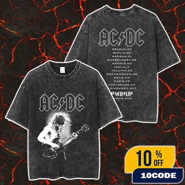 ACDC PWR UP Tour 2025 Angus Electric Europe Tour Dates Backprint Merch Unisex Two Sided Washed T-Shirt