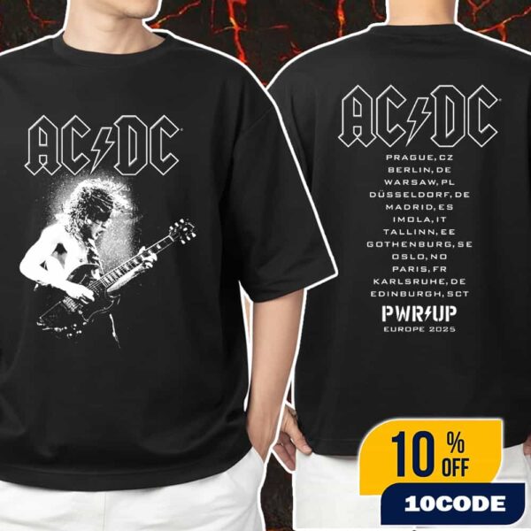 AC/DC PWR UP Tour 2025 Angus Electric Europe Tour Dates Backprint Unisex T-Shirt Merchandise
