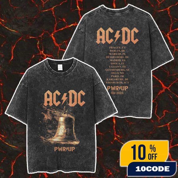 AC/DC PWR UP Tour 2025 Hells Bells Lightning EU Tour Dates Backprint Merch Unisex Two Sided Washed T-Shirt