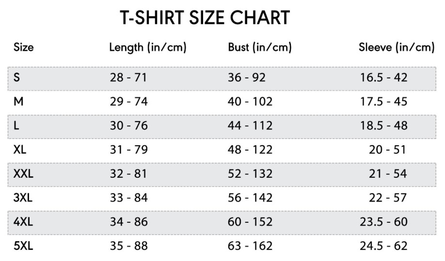 All Over Print Shirt Size Guide