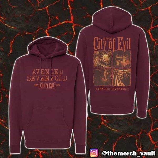 Avenged Sevenfold City Of Evil 20th Anniversary 2005-2025 Maroon Heavyweight Hooded Pullover Hoodie