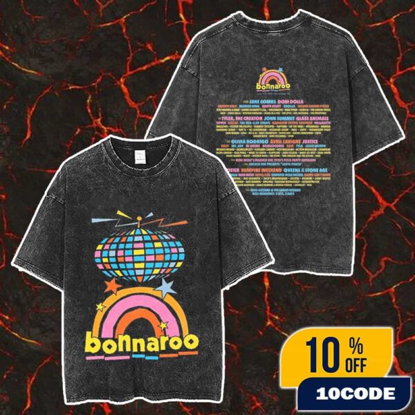 Bonnaroo Music And Arts Festival June 12-15 2025 At Manchester TN Disco Ball Artwork With Line Up Merch Unisex Two Sided Washed T-Shirt