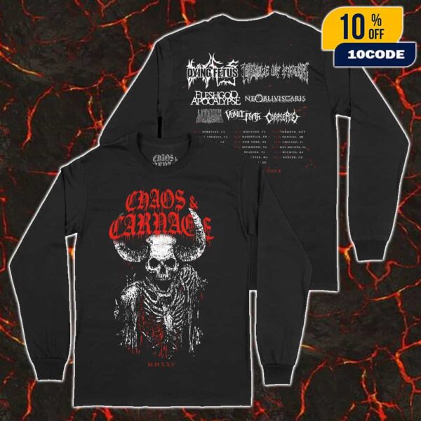 Chaos And Carnage 2025 Tour Merch White Skull King Tee With Line Up x Tour Dates Backprint Unisex Long Sleeve