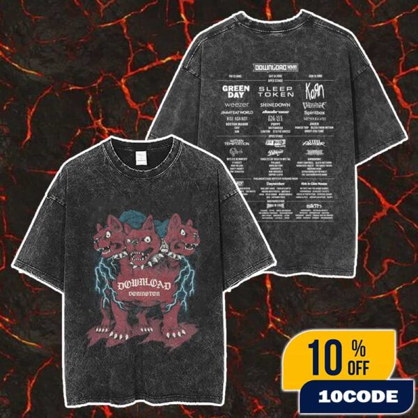 Download Festival June 13-15 2025 At Donington Park Leicestershire Cerberus With Line Up Backprint Merch Unisex Two Sided Washed T-Shirt