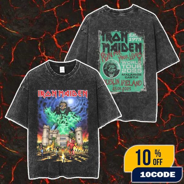 Iron Maiden Run For Your Lives Tour 2025 Event Tee Malahide Castle Dublin Ireland June 25 2025 Double Sides Merch Unisex Washed T-Shirt
