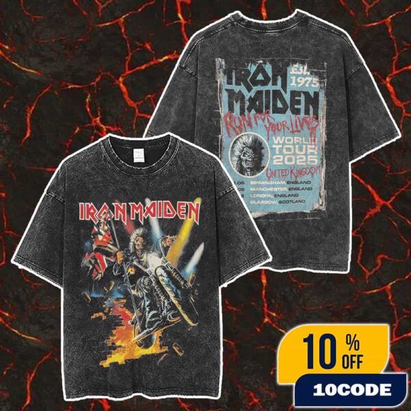Iron Maiden Run For Your Lives World Tour Est 1975 With June 2025 Tour Dates At Birmingham-Manchester-London-Glasgow England-Scotland Eddie Ride A Bike Artwork Unisex Washed T-Shirt