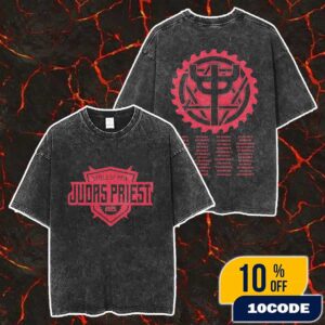 Judas Priest The Shield Of Pain Tour 2025 Logo With Full Tour Itinerary Backprint Merch Unisex Two Sided Washed T-Shirt
