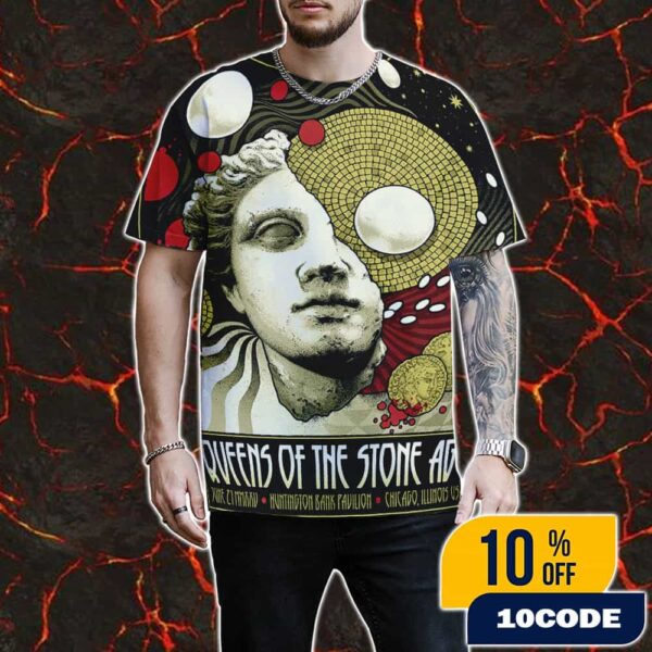Queens Of The Stone Age June 21 2025 At Huntington Bank Pavilion Chicago Illinois USA The End Is Nero Poster Artwork By Arcane Path Print Co All Over Print Graphic T-Shirt, Hoodie