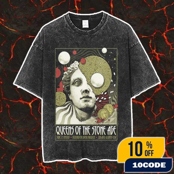 Queens Of The Stone Age June 21 2025 At Huntington Bank Pavilion Chicago Illinois USA The End Is Nero Poster Artwork By Arcane Path Print Co Vintage Washed Unisex T-Shirt