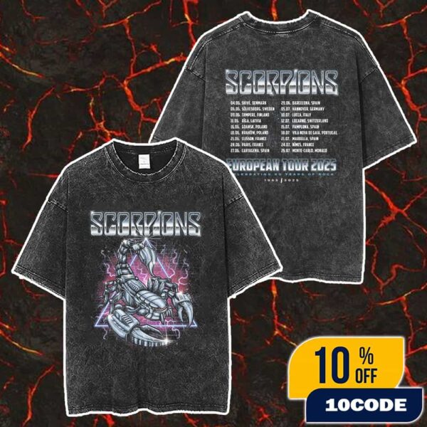 Scorpions European Tour 2025 Celebrating 60 Years Of Rock 1965-2925 With Tour Dates Backprint Merch Unisex Two Sided Washed T-Shirt