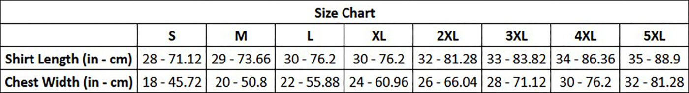 Unisex T Shirt Size Guide