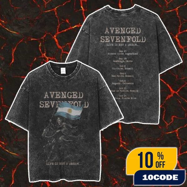 Avenged Sevenfold Life Is But A Dream Remeras Argentina 2025 Reaper Artwork With Tour Dates Backprint Merch Unisex Two Sided Washed T-Shirt