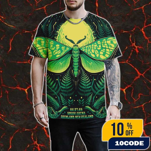 Billy Strings 22 July 2025 Poster Concert Tour At Spark Arena Auckland Limited Puriri Moth Artwork By Lewy Jones All Over Print Graphic T-Shirt, Hoodie