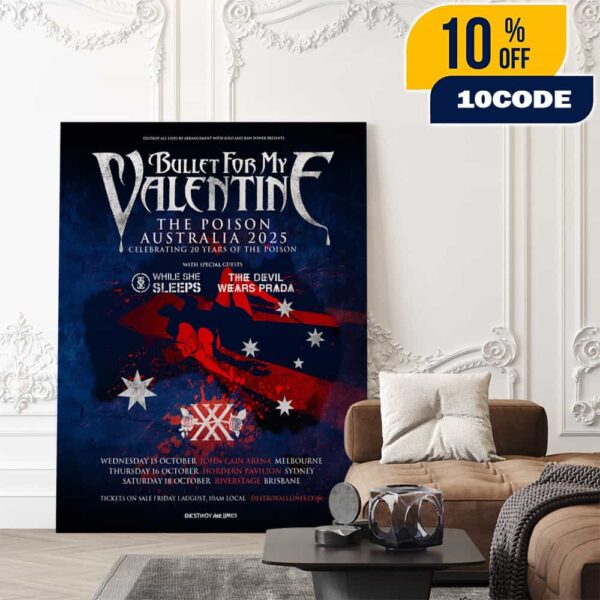 Bullet For My Valentine’s Australian 2025 Tour Celebrating 20 Years Of The Poison October 15-18 2025 Poster Tour Dates Poster Canvas Home Decor