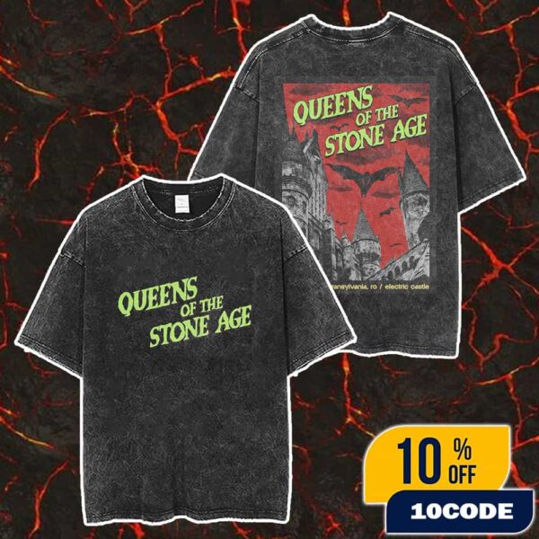 Electric Castle Let’s Dance Queens Of The Stone Age The End Is Nero Tour 18 July 2025 At Transylvania Romania Poster Artwork By Konfusion Merch Unisex Two Sided Washed T-Shirt