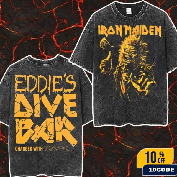 Iron Maiden Eddie’s Dive Bar Charged With Trooper 2025 Run For Your Lives World Tour Merch Wash T-Shirt Two Sides