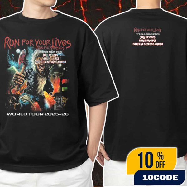Iron Maiden Run For Your Lives 2025-26 Akirant’s Stunning Artwork Eddie With His Axe July 19 2025 At Paris France Paris La Defense Arena Unisex T-Shirt Merchandise