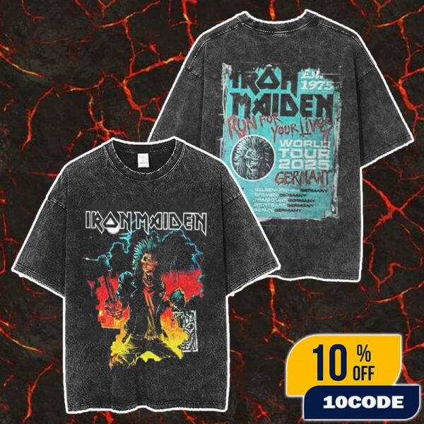 Iron Maiden Run For Your Lives Tour 2025 Germany Stops On July 11-15-25-26-29-30 2025 At Gelsenkirchen-Bremen-Frankfurt-Stuttgart-Berlin Eddie Axe Event Washed T-Shirt