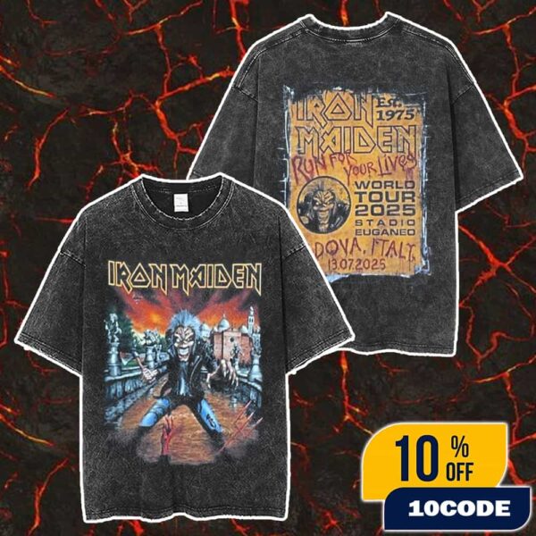 Iron Maiden Run For Your Lives World Tour 2025 At Stadio Euganeo Padova Italy On July 13 2025 Event Tee Merch Unisex Two Sided Washed T-Shirt